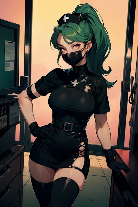 black nurse, 1girl, solo, black nurse cap, black wear, ((black legwear, zettai ryouiki)), black elbow gloves, ponytail, green hair, pink eyes, ((black surgical mask, covered nose)), standing, ((surgery room)), sharp outline, short sleeves, best quality, ma...