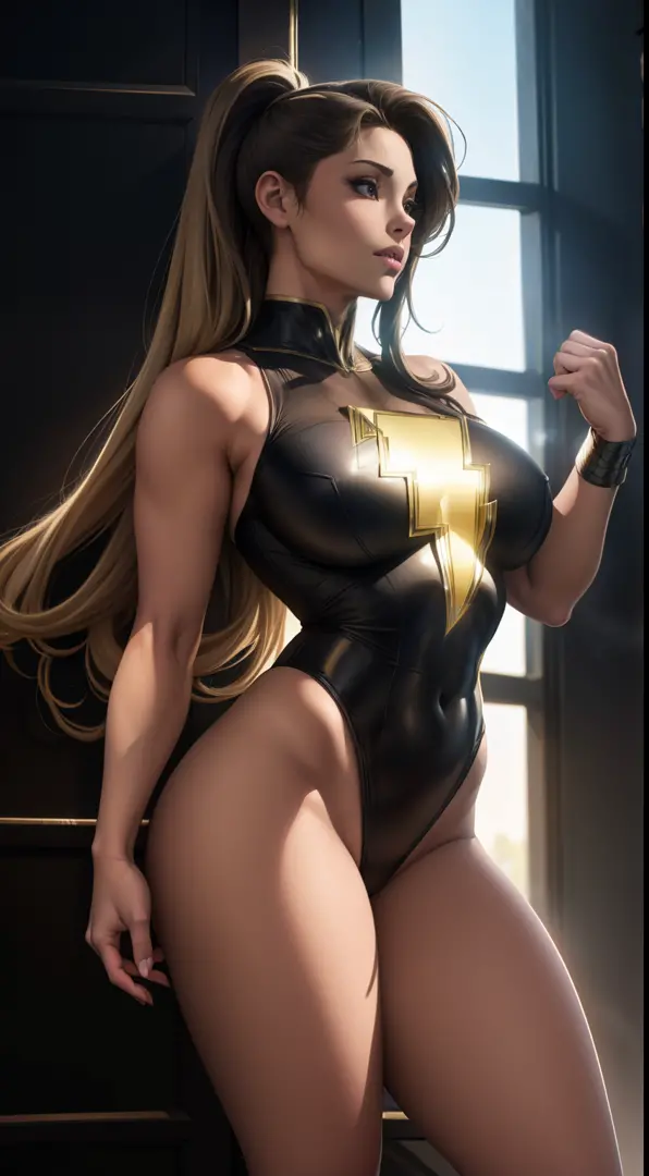 (Masterpiece, 4k resolution, ultra-realistic, very detailed) sexy Mary Marvel (DC comics) black outfit ponytail full body in the style of realism, glistening skin, , natural lighting, Defined full lips. fitness feminine body. in the style of realism, glist...