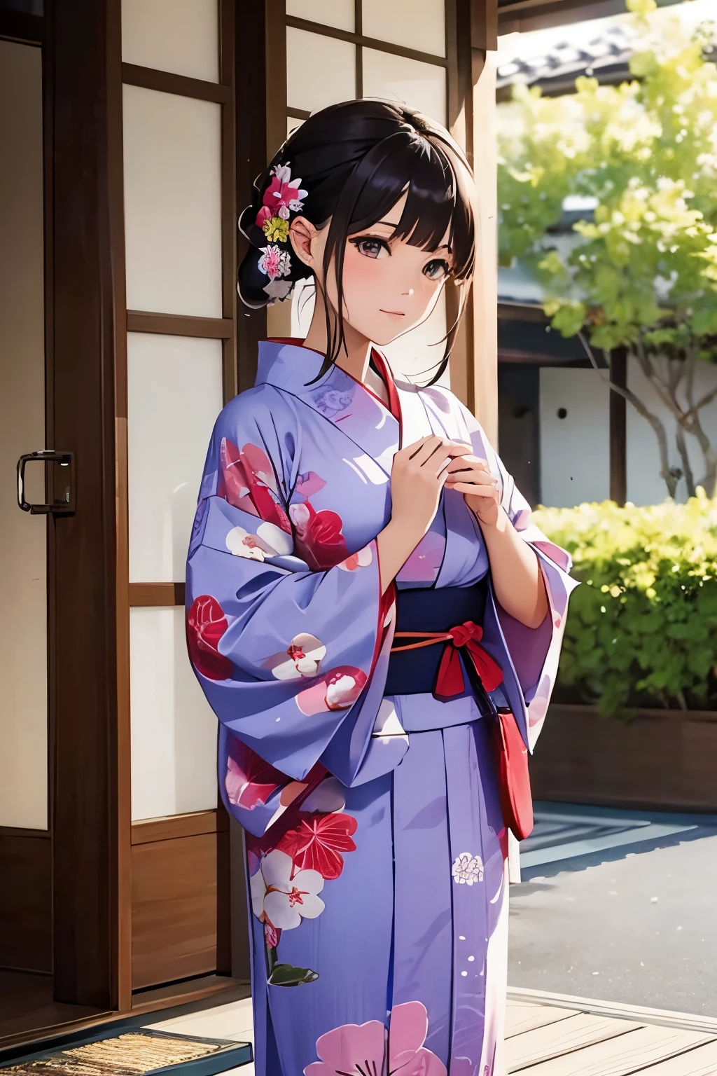 Young woman in yukata, hide hands, masterpiece, best quality, super detail