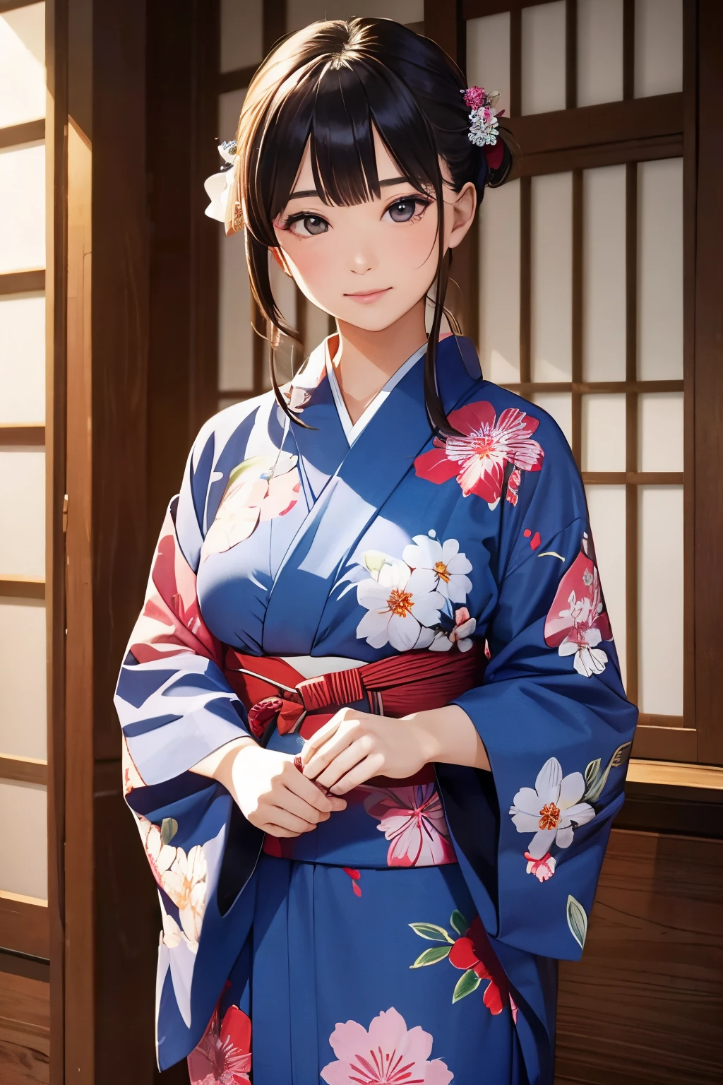 Young woman in yukata, hide hand, masterpiece, best quality, super detail