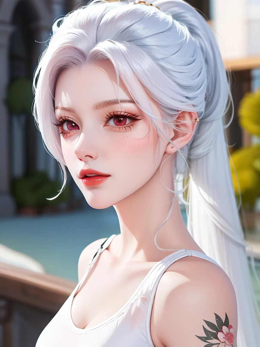 a close up of a woman with a white top and a tattoo on her arm, tifa lockhart with white hair, detailed white long hair, silver hair (ponytail), girl with white hair, deviantart artstation cgscosiety, white ponytail hair, realistic anime 3 d style, anime styled 3d, inspired by Ma Yuanyu, white long straight hair, for some, full body