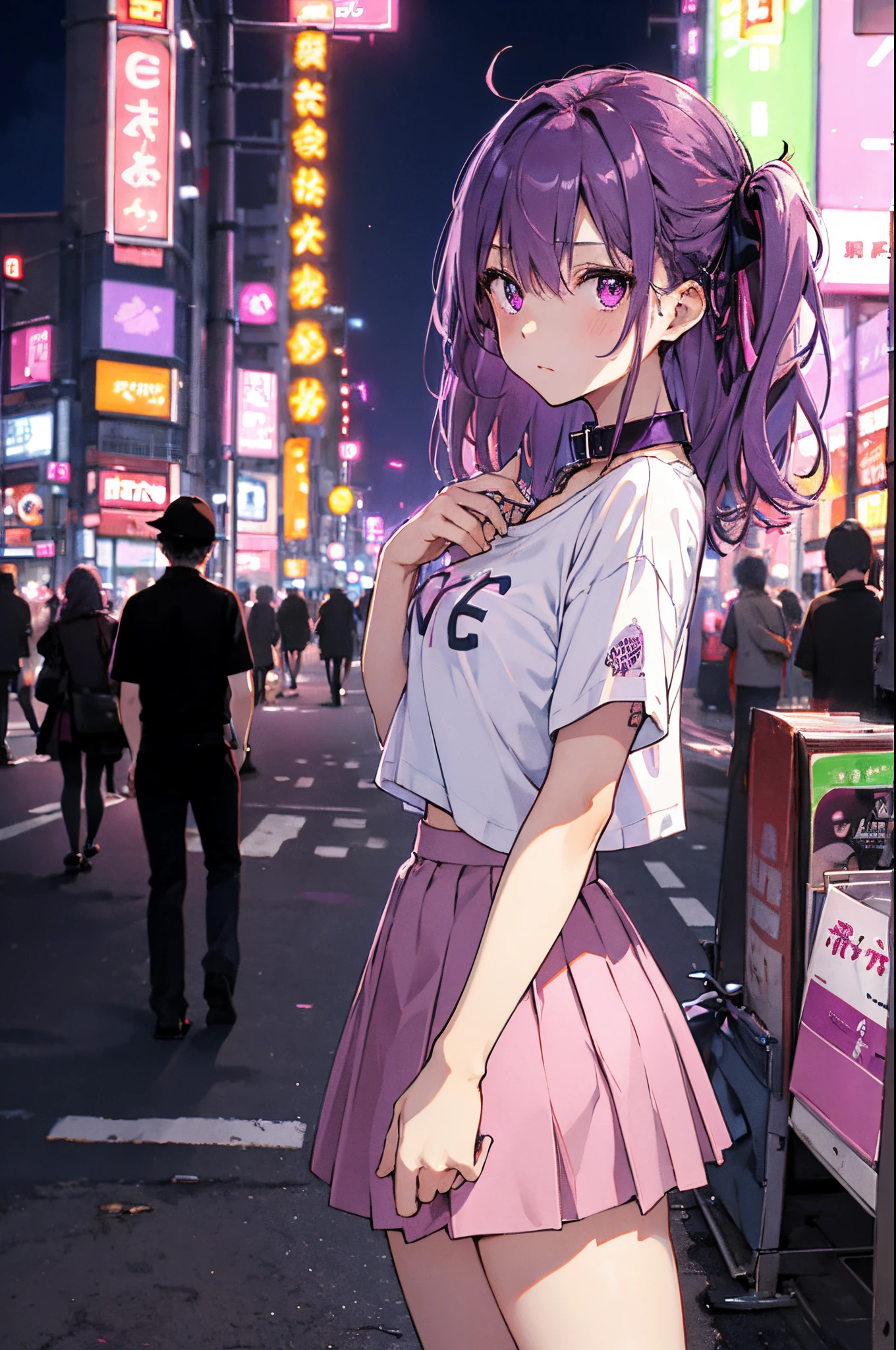 masterpiece, best quality, 1girl, purple hair,pink eyes, long hair,(small breasts),standing on street, (collar T-shirt), underwear straps, pink Skirt, front view, standing,City Night, Neon light,  Background Tokyo street, taxi, dating, shy,headwear, hands behind back