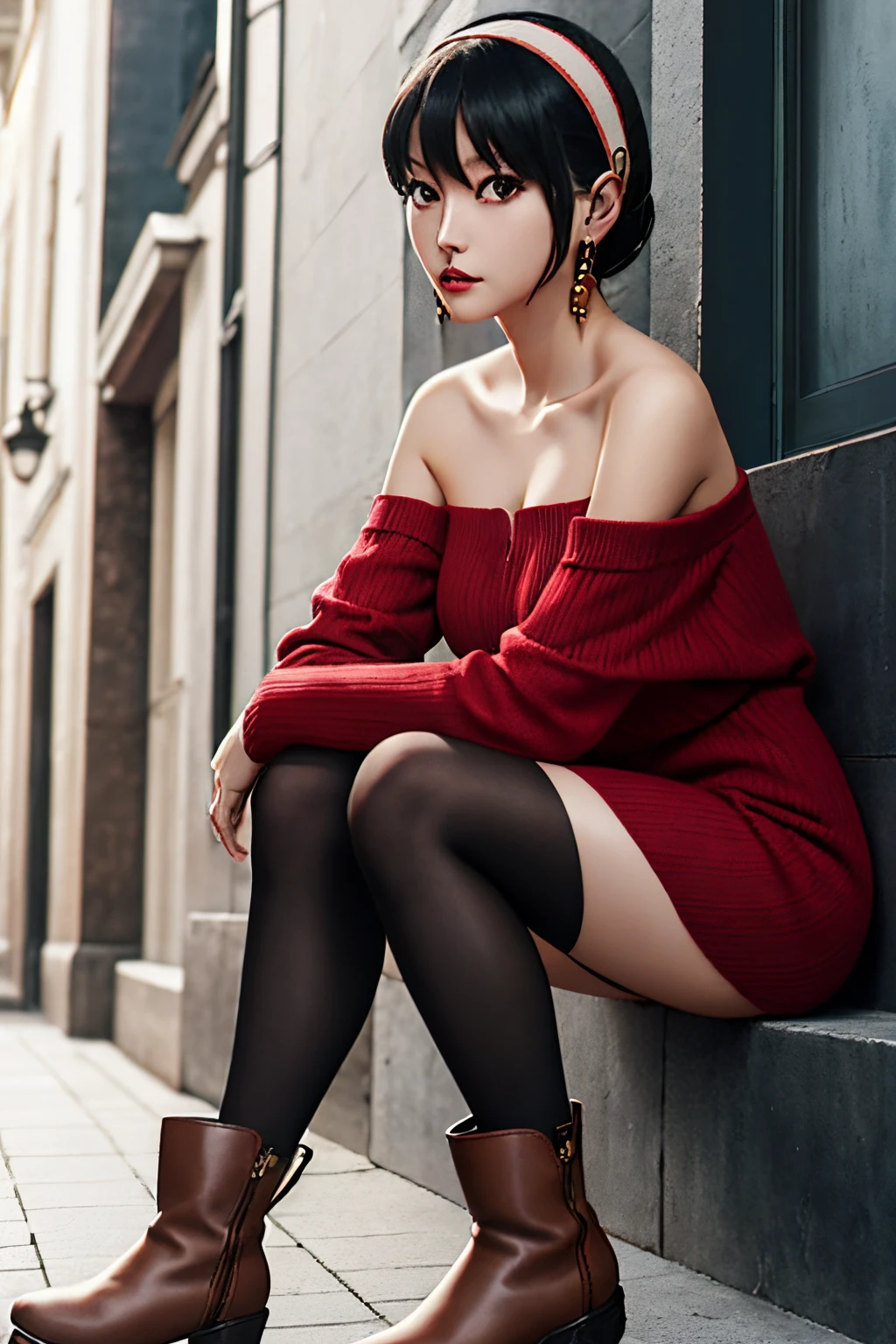 She is wearing a red off-shoulder dress made of knit material that reaches above the knees.、Wearing black tights、Shoes are brown short boots、wearing a white hairband、Red eyes、Caucasian beauties、ultra-quality、high-level image quality、８K