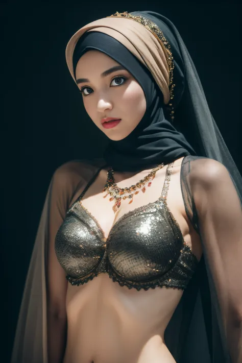 colorful bellydancer, cyberpunk, javanese, (((hijabi))), cleavage, reflection light, chiaroscuro, depth of field, cinematic ligh...