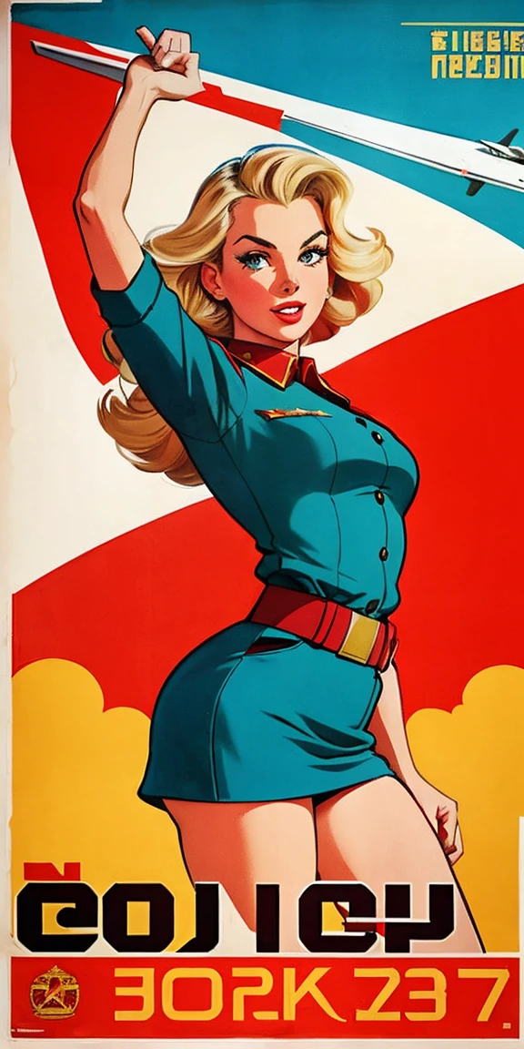 CCCP poster, soviet poster, USSR Flag in background, USSR Poster, Soviet Union poster, October Revolution, ((CCCP Poster, Soviet Poster)) (blond 1 mature girl) propaganda Poster, poster, Soviet flag on pole, blue sky with fighter jet, uniform, 1girl, solo, good body, Poster design, poster art style. 1980s, 1950s, 1960s, basic colour scheme, Very colourful poster, colour art, thirds rule, inspiring, general, military officer, woman, 1 mature girl, hair blowing in the wind, hand high in the air, revolutionary, pointing with finger, red square backdrop, thick legs.