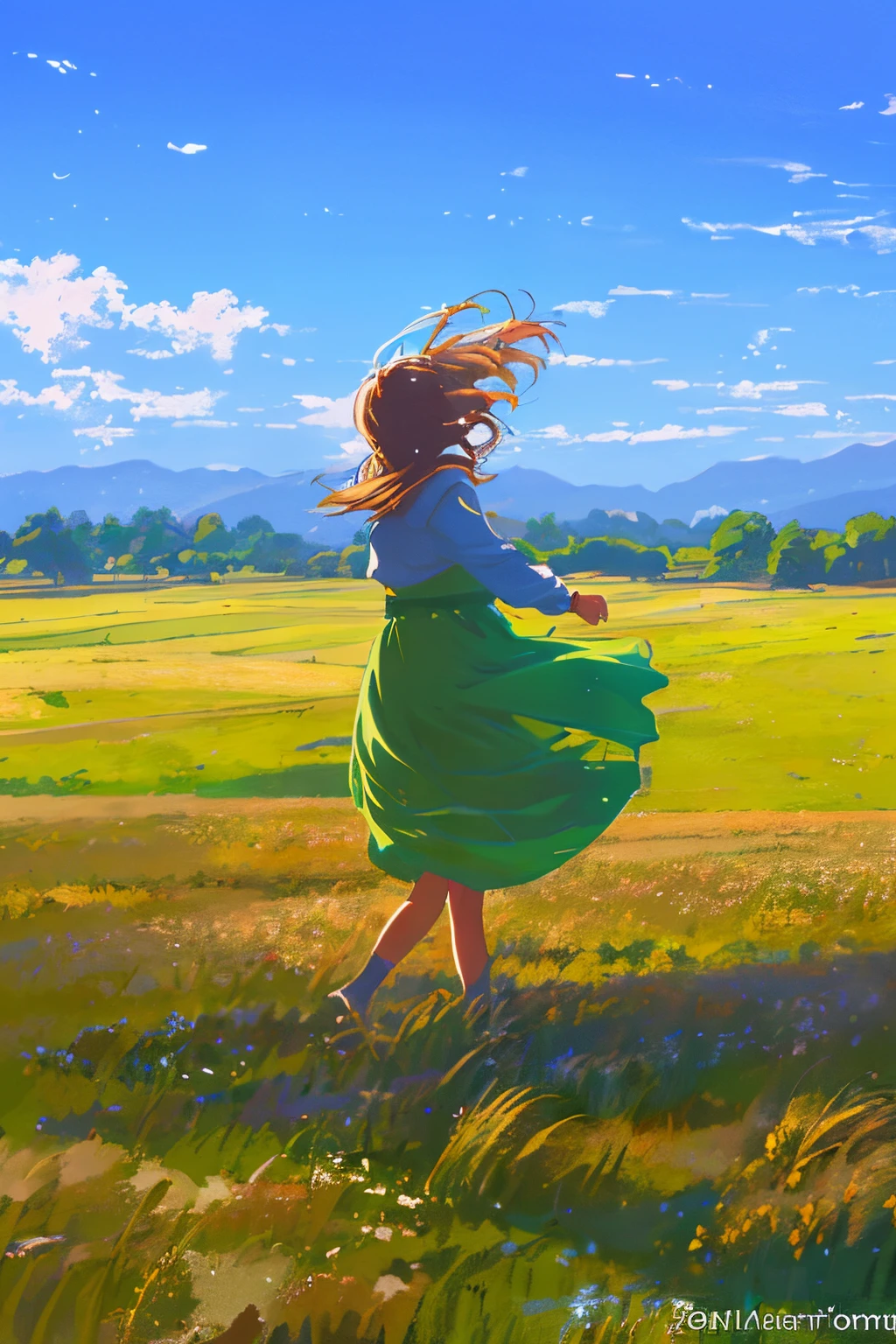 Fresh painting style，Full Body Angle:1.5,In the wheat field，girl with，Keep hands away from sunlight，Bright sky，Looking Up，Anime characters，ultra - detailed，Highly realistic，tmasterpiece，8K，hyper HD，