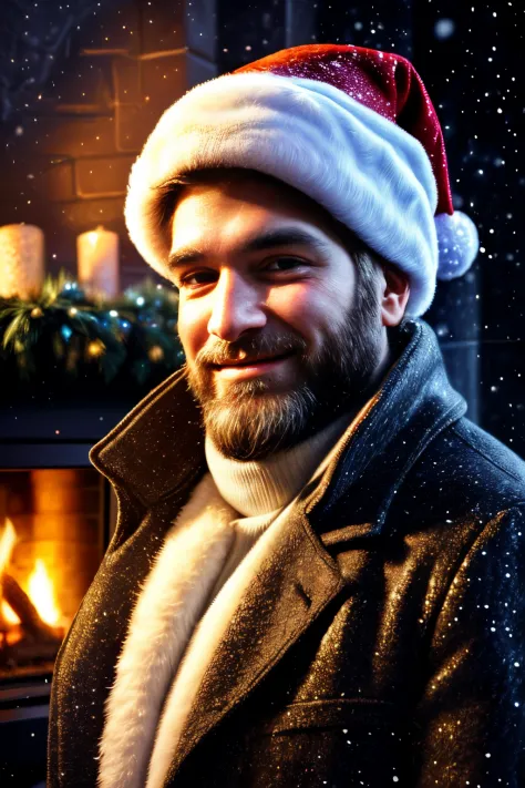(best quality,ultra-detailed,realistic:1.37),portrait,beautiful detailed face,shimmering eyes,warm smile,long white beard,red hat and coat,fur-trimmed clothing,starry night background,glistening snowflakes,cozy fireplace,vivid colors,winter scenery,soft li...