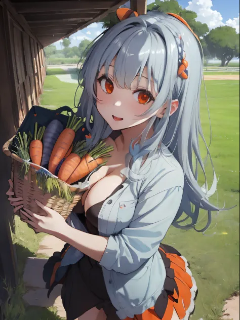 vast ranch area,Green grass々Grassy meadow,many orange carrots in a big basket,There are also many orange carrots lying around..,Enjoy carrots in both hands.,Heart Dance,Costumes with a wide open chest,You can see her cleavage through the gap in her clothes...