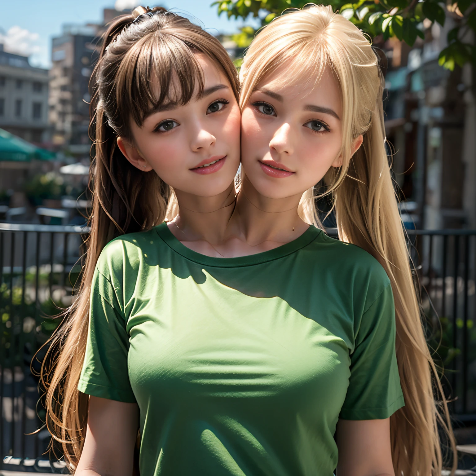 (best quality, 2heads, european girl with two head kissing girl on cheek, different hair bangs, blonde hair, long hair one head, ponytail other head,half color t-shirt,park background,)