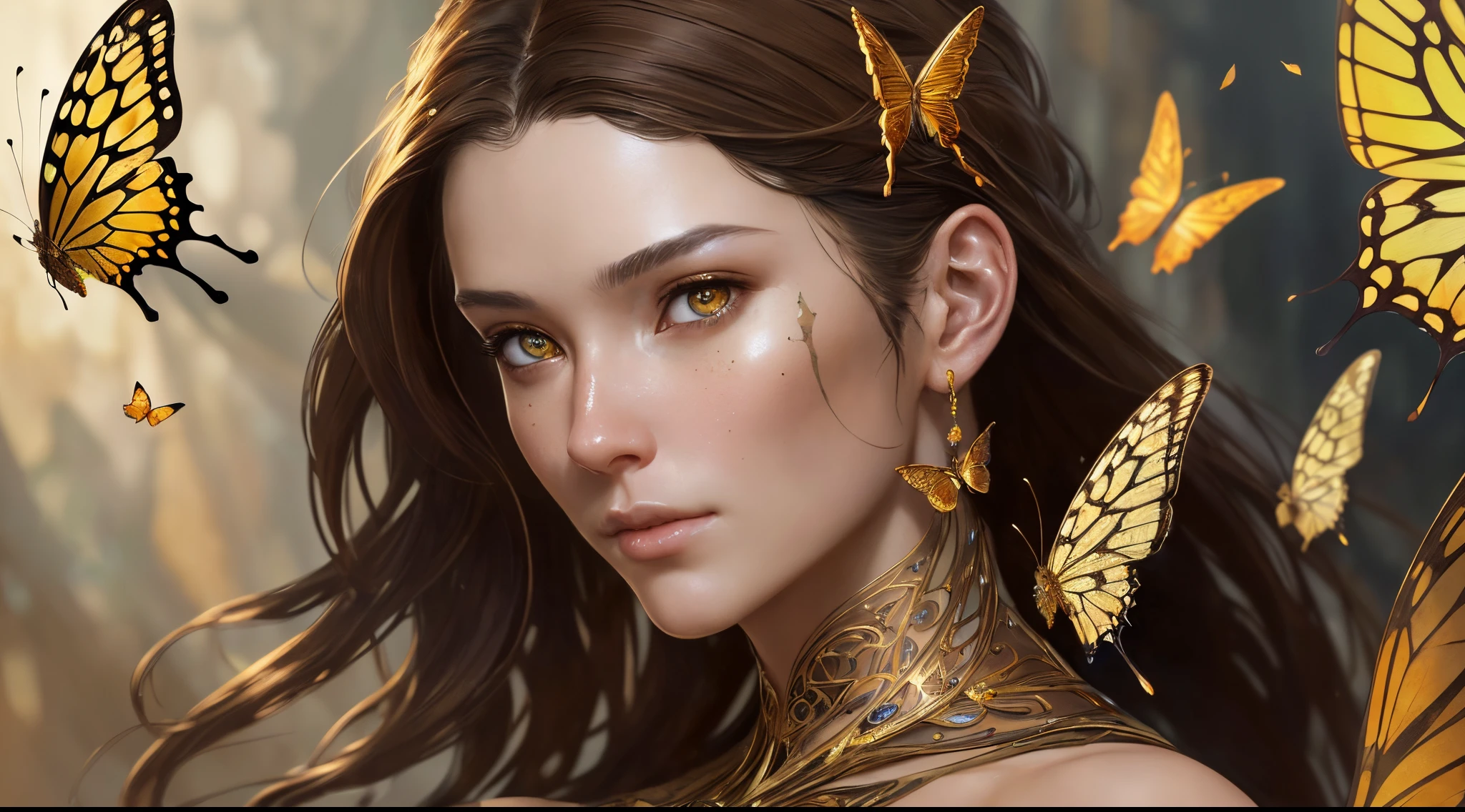 8k portrait of beautiful cyborg with brown hair, intricate, elegant, highly detailed, majestic, digital photography, art by artgerm and ruan jia and greg rutkowski surreal painting gold butterfly filigree, broken glass, (masterpiece, sidelighting, finely detailed beautiful eyes: 1.2), hdr,