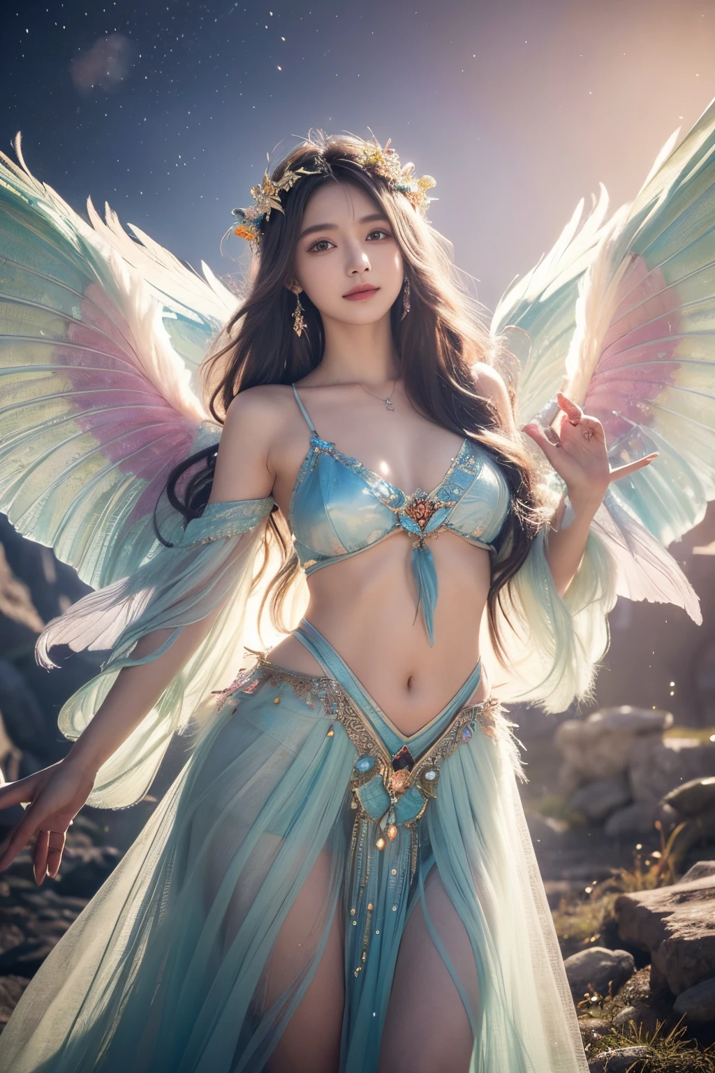 1girl, 23 years old, standing regal with open hands, symmetrical and fractal, multi-color pastel long hair, colorful (1.2), lies in a bird's nest and hatches (1.2), perfect face, sexy linagerie, oil smooth skin,  kinky and sexy smile, looking at the viewer, fairy wings, Big fairy wings, multi color pastel feather wings, fairy vibe , background of mystic realm and magic, the particles of magic light with multi color , wind forming particles in seamless fractal pattern, warm light, epic scene , HDR+, extreme detailed ,Nikon D850, masterpiece, devianart, photo-real painting