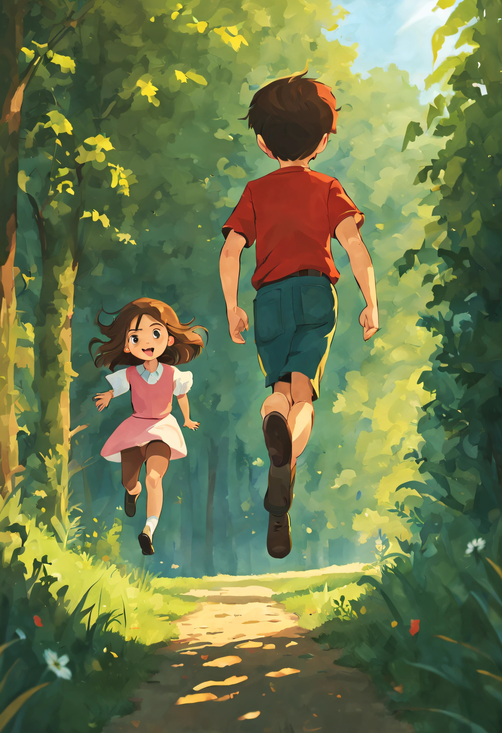 a boy is running towards the girl