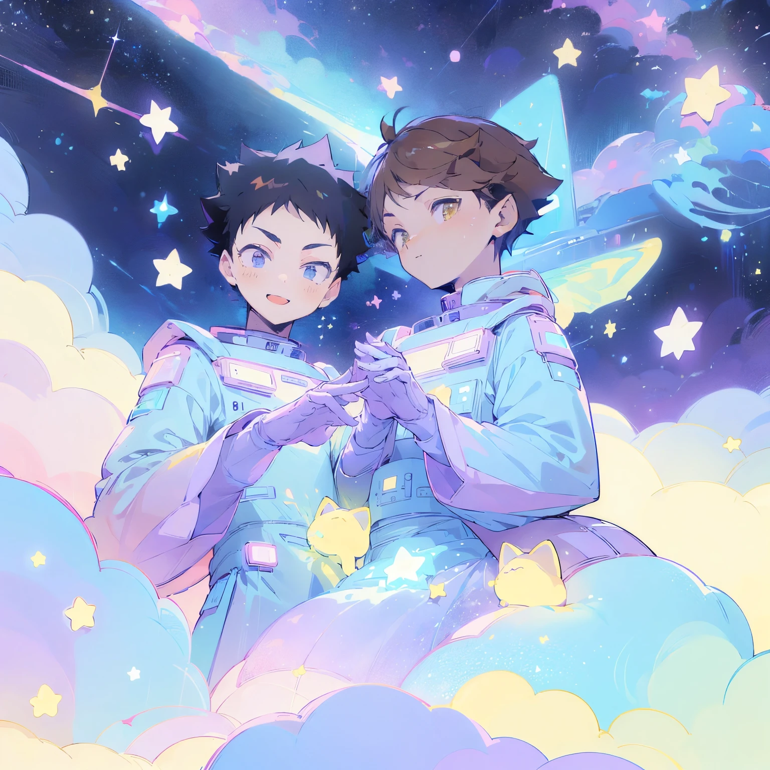 galaxy,((2 boys)),2 boys floating through space, spacesuits,planets,stars,cats, holding hands,kawaiitech,cute,cute colors,pastel colors,kawaii,flat colors,cute flat coloring,((purple focus))),perfect faces,looking at viewer,galaxy,nebula,glowing stars,cute