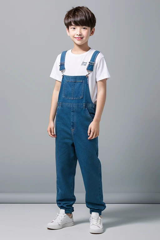 A boy wearing a white T-shirt and overalls