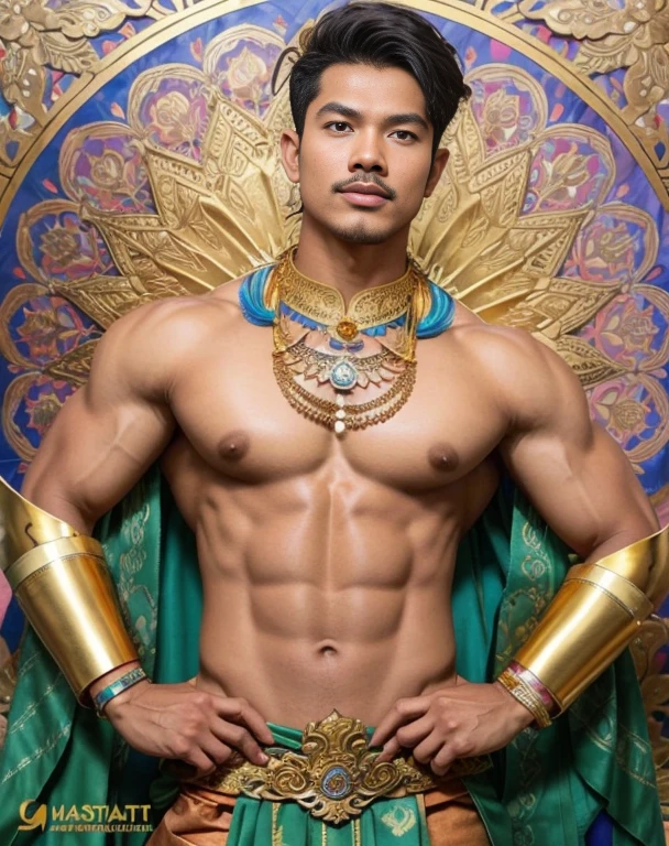 pieza masetero、fornido、jefri nichol un hombre javanés、25 años、chico guapo、bigote ligero, muscular、macho、vistiendo el traje del reino majapahit, banda para la cabeza de oro, banda de hombro de oro, collar de oro, Corona dorada, moño de pelo,  pelo largo、Corte desvanecido、carrocero, cuerpo grande、ángulos bajos、textura real、usar pareo batik,