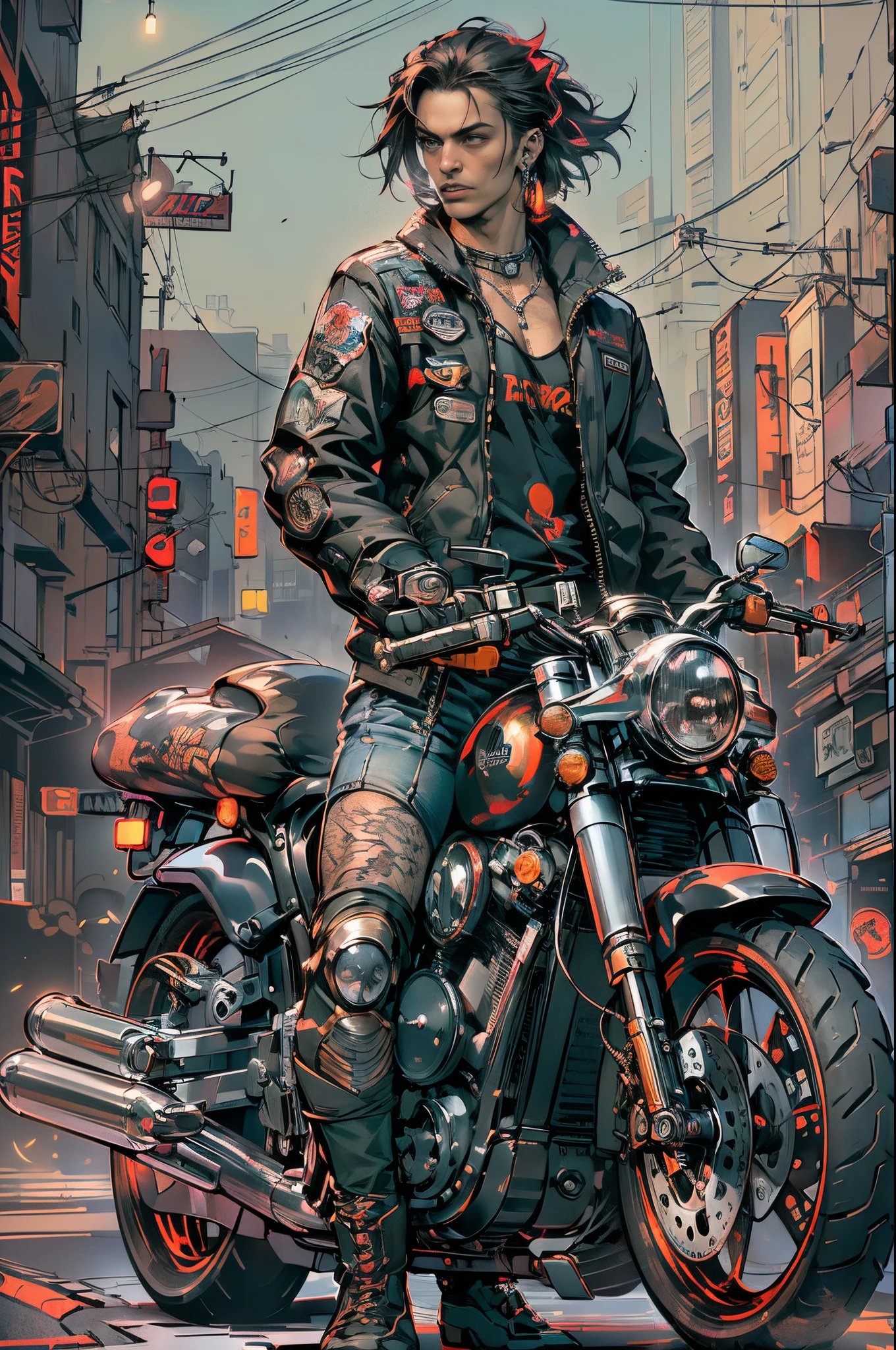 （(Multiple award-winning works, With incredible details, textures and maximum detail，(フォトリアリスティック))）, ((Use dazzling cyberpunk style，bright color scheme，Depicting a man，Wearing：Harajuku-style fashionable clothing，Robotic arms and legs， ((Get on the motorcycle)), ((Stand in front of the motorcycle)), ((Get on a motorcycle))，(((harley davidson motorbike)))，(((the right motorcycle：1.7)))，(((Correct ratio of people to vehicles：1.6)))，Bold colors and patterns, eye-catching accessories, Stylish and innovative hairstyle，))，（(boy with cyborg body，A handsome young))，((tall, shapely man))，((Muscular middle-aged man))， (Full-body image：1.2)， (best quality real texture skin), ((five perfect and beautiful fingers)), (Anatomically correct limbs and physique:1.5), (Anatomically correct perspective and occlusion：1.5)，(Gender characteristics are very obvious：1.5)，(Exquisite, round and symmetrical eyes), (correct faces), ((Handsome and delicate face：1.6)), ((Background：view over city, skyscrapper, neonlight, LED lights)，))， (Complicated details:1.1), the complex background))， ((Bright and vivid color scheme：1.7))，((dynamic viewing angle+dynamic combination))，city night，