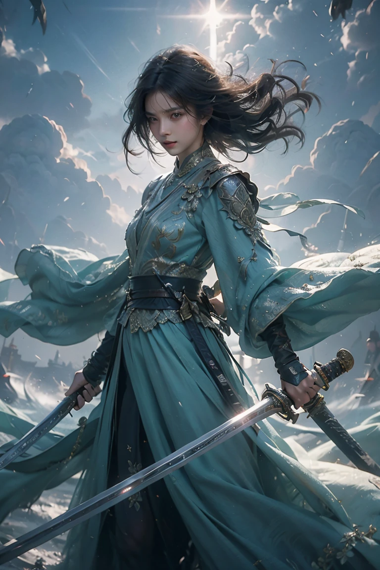 tmasterpiece，Ultra high quality，artwork of a，Perfectcomposition，1 girl，Waving the sword in the sun，Handsome girl，short detailed hair，Multiple long swords floating，wanjianguizong，jianjue，