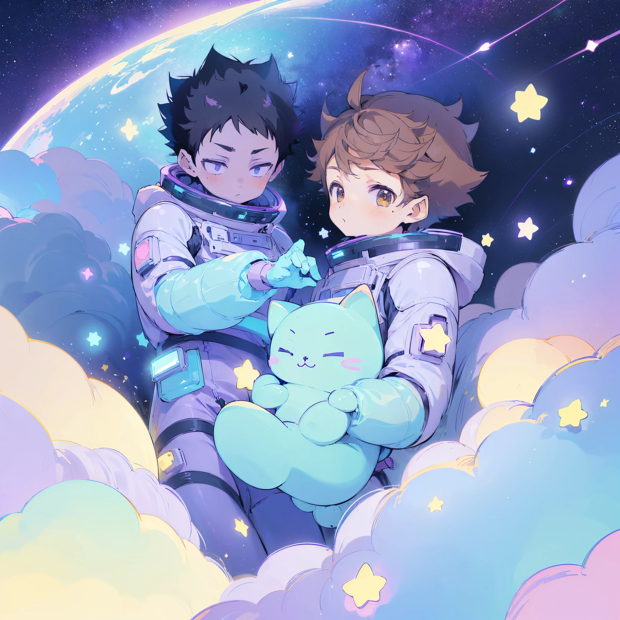 galaxy,((2 boys)),2 boys floating through space,((spacesuits)),black hair,planets,stars,cats,kawaiitech,cute,cute colors,pastel colors,kawaii,flat colors,cute flat coloring,((purple focus))),perfect faces,looking at viewer,iwaizumi,black hair,spiky hair