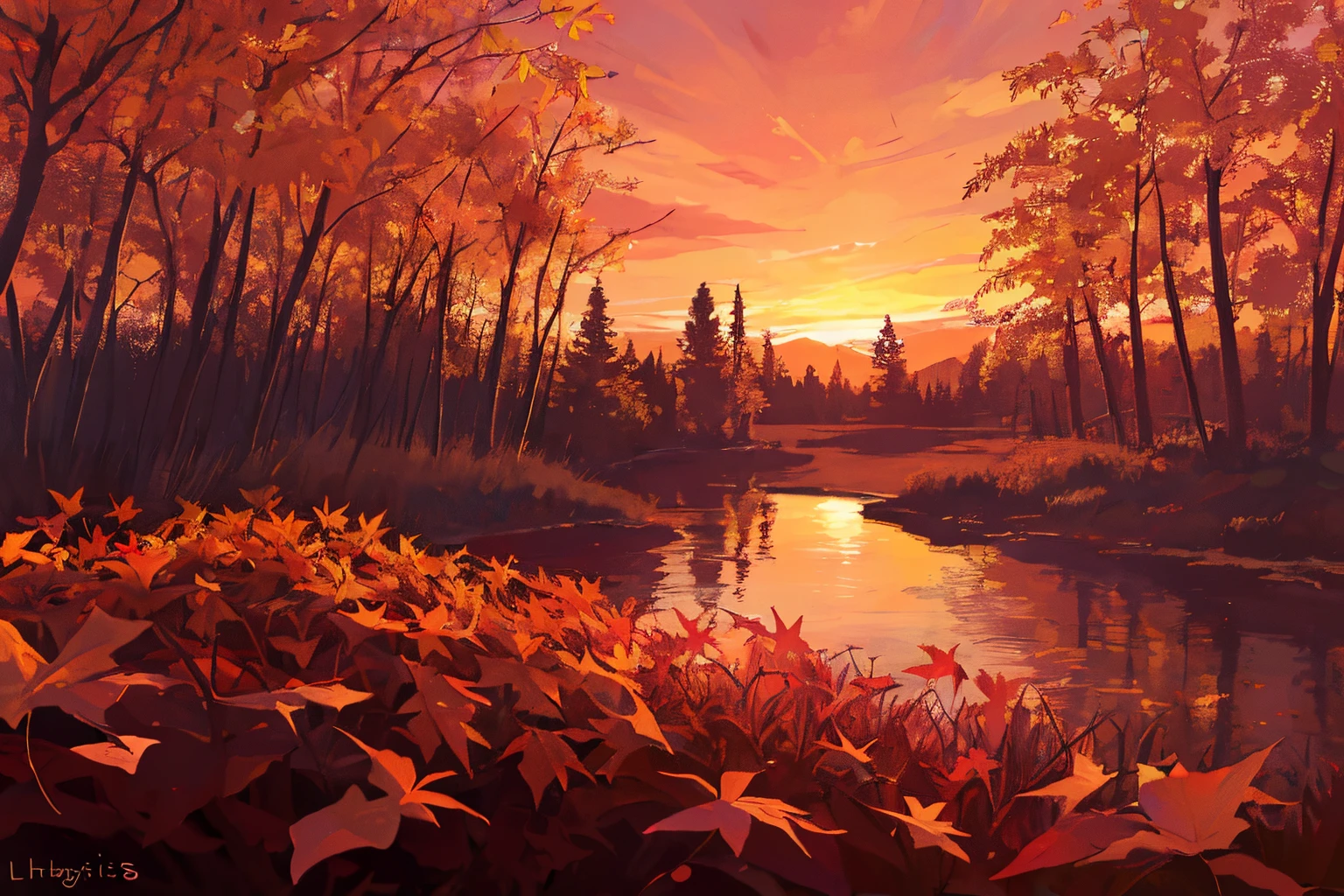 masterpiece,best quality,lycoris,flower field,depth of field,dusk,orange sky,sunset,glow,lake,autumn,maple,fallen leaves