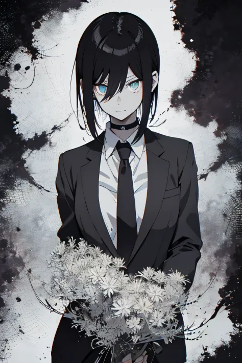 reze from chainsaw man, manga lineart, black and white ink color artstyle, wearing black suit white shirt underneath, black neck...