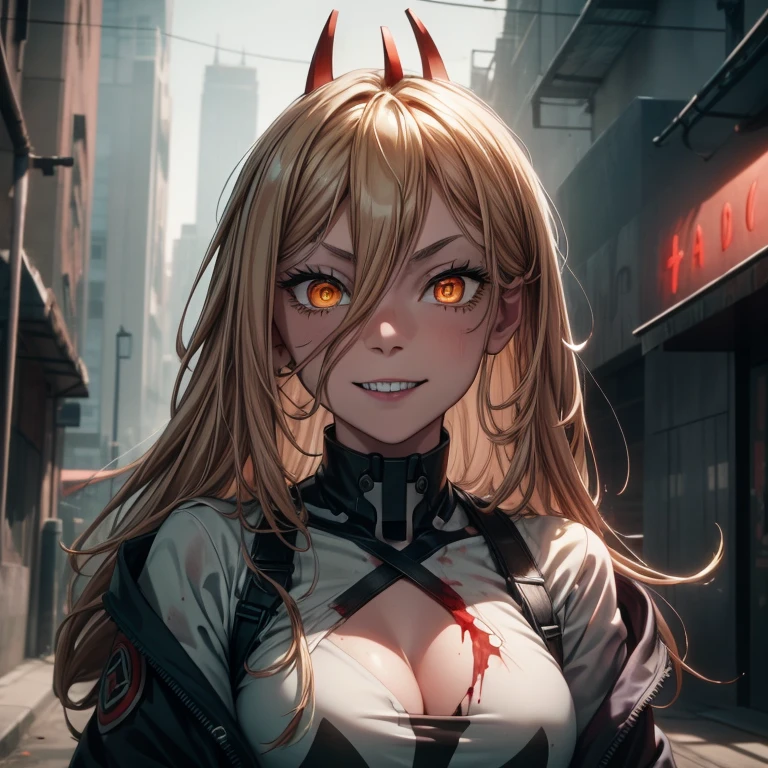 R 1 8, masterpiece, gorgeous, best quality, highres, 1girl, ((solo)), colorfull, blonde, dangerous,vivid eyes,(yellow eyes), alone, , mesmering eyes, neon, smilling, scary smile, madness, ((blood, colorful, ink)) BREAK intimate,cyberpunk, digital art, high details, modern, intricate, perfect face, traced lights, backlight, scary, (sensual), misteryous, blood, cinematic BREAK , backlight, glowing eyes, artistic, wallpaper, futuristic clothes, fog, BREAK superior, long hair, absurdes, crazy smile, HyperStylizeV6, power \(csm\), symbol-shaped pupils