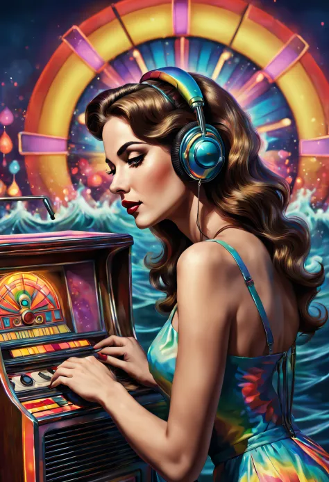 a gorgeous psychedelic women listen a old and stylised jukebox , with beautiful colors and in the background explosions of water...