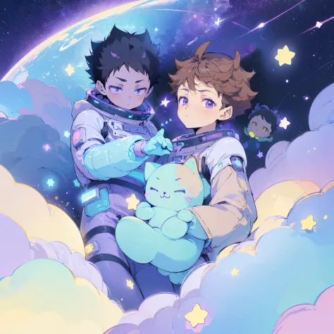 galaxy,((2 boys)),2 boys floating through space,((spacesuits)),black hair,planets,stars,cats,kawaiitech,cute,cute colors,pastel ...