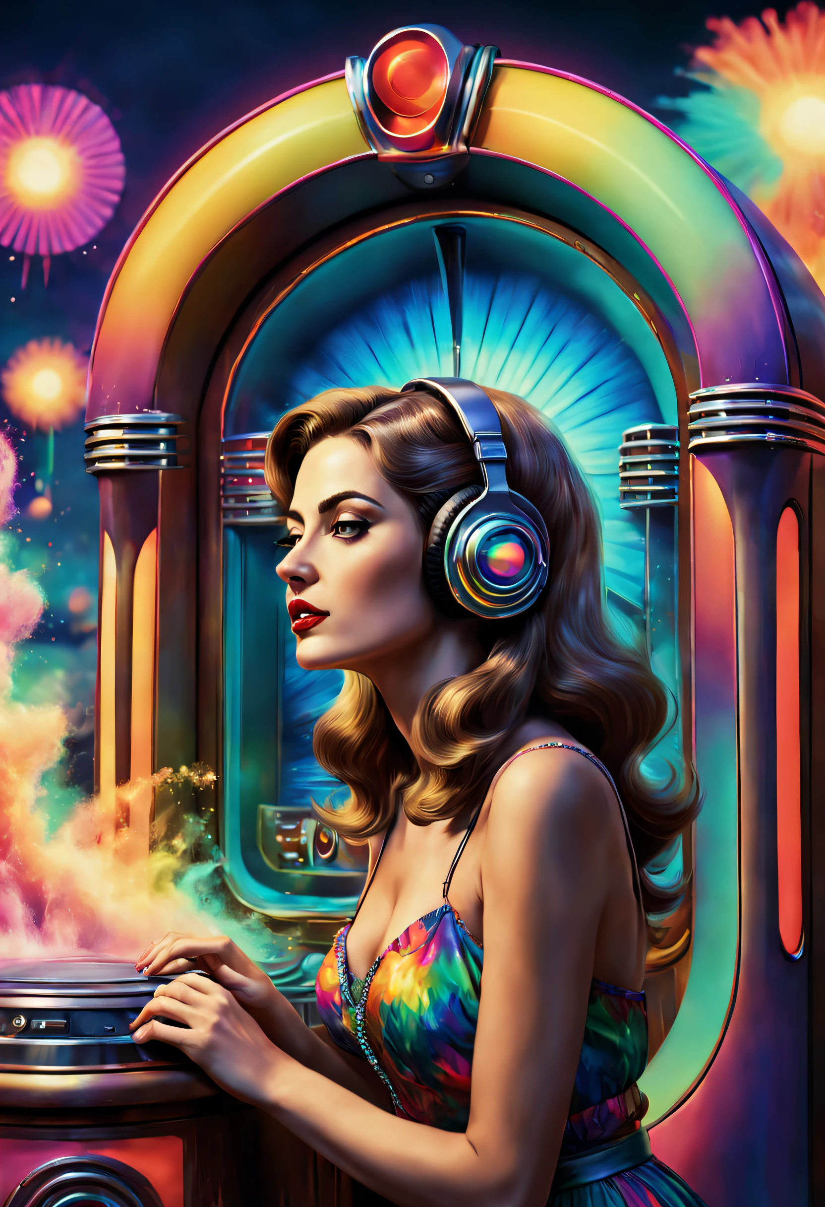 A gorgeous psychedelic women listen a old and stylised jukebox , with beautiful colors and in the background explosions of water of full colors mixed