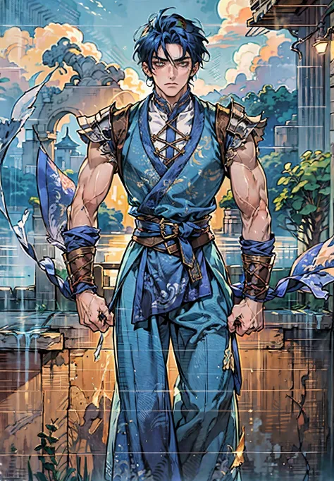 A young man, indigo blue hair, raised and fluffy short hairstyle, sharp gaze, a serious expression, a fantasy martial arts style sky-blue fabric kung fu outfit, tattered sleeves, hands wrapped with cords, a linen belt tied around the waist, coarse fabric t...