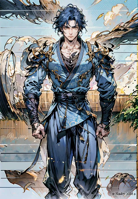 A young man, indigo blue hair, raised and fluffy short hairstyle, sharp gaze, a serious expression, a fantasy martial arts style...