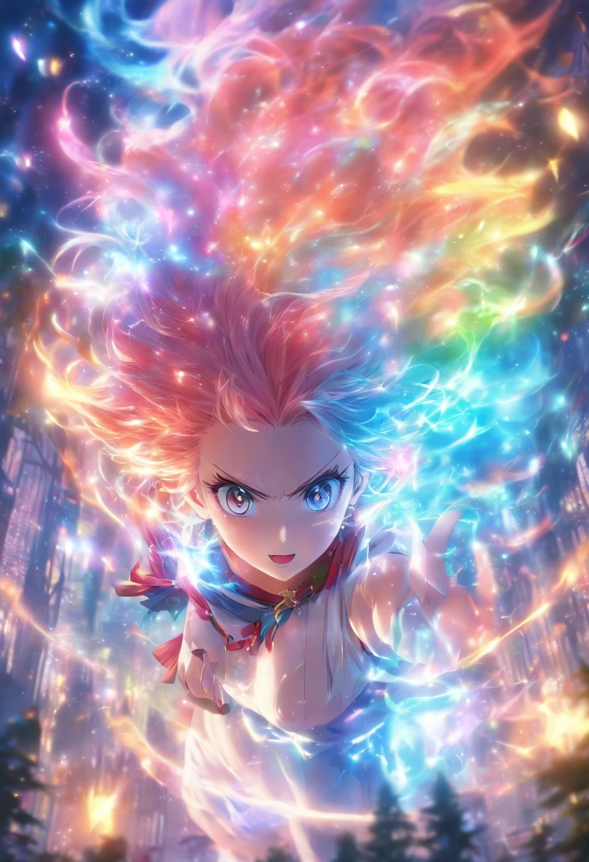 (Best quality at best,4K,8K,climaxing,main part:1.2),ultra - detailed,(actual,フォトリアリスティック,Photorealistic:1.37),Female with bright teary eyes,Rainbow-colored hair,cast brilliant spells,mystical forest,illustratio,Encantada Atmosphere,vivd colour,gentlesoftlighting