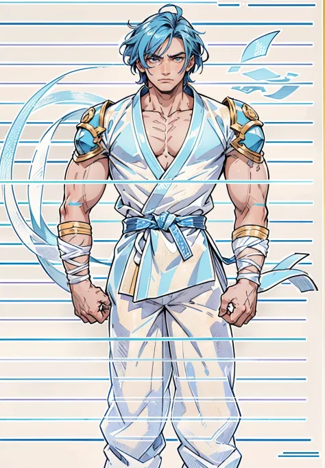 A young man, indigo blue hair, raised and fluffy short hairstyle, sharp gaze, a serious expression, a fantasy martial arts style sky-blue fabric kung fu outfit, tattered sleeves, hands wrapped with cords, a linen belt tied around the waist, coarse fabric t...