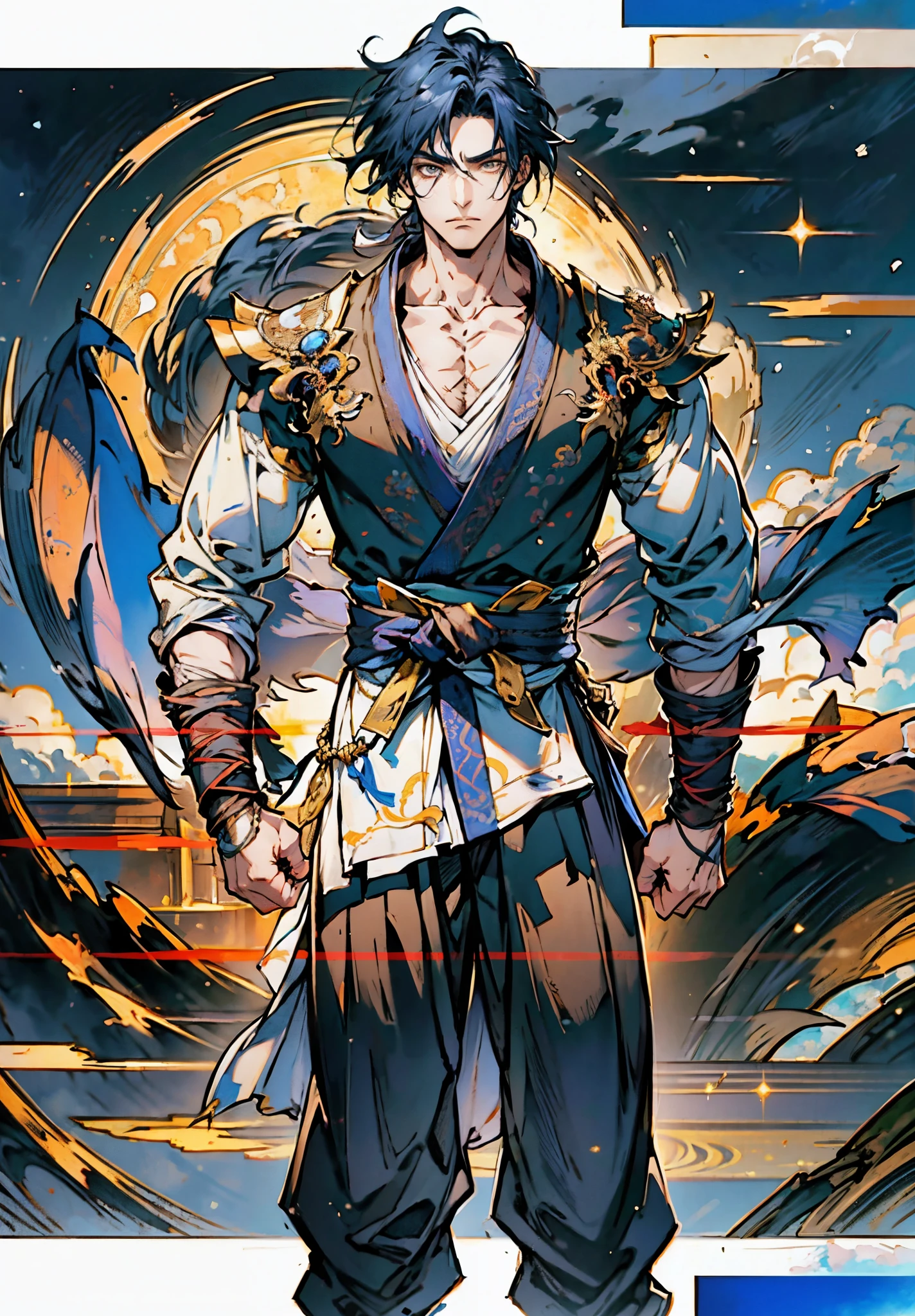 A young man, indigo blue hair, raised and fluffy short hairstyle, sharp gaze, a serious expression, a fantasy martial arts style sky-blue fabric kung fu outfit, tattered sleeves, hands wrapped with cords, a linen belt tied around the waist, coarse fabric trousers, on the cliff in the darkness of the night, this character embodies a finely crafted fantasy martial arts-style fighter in anime style, exquisite and mature manga art style, high definition, best quality, highres, ultra-detailed, ultra-fine painting, extremely delicate, professional, anatomically correct, symmetrical face, extremely detailed eyes and face, high quality eyes, creativity, RAW photo, UHD, 8k, Natural light, cinematic lighting, masterpiece-anatomy-perfect, masterpiece:1.5