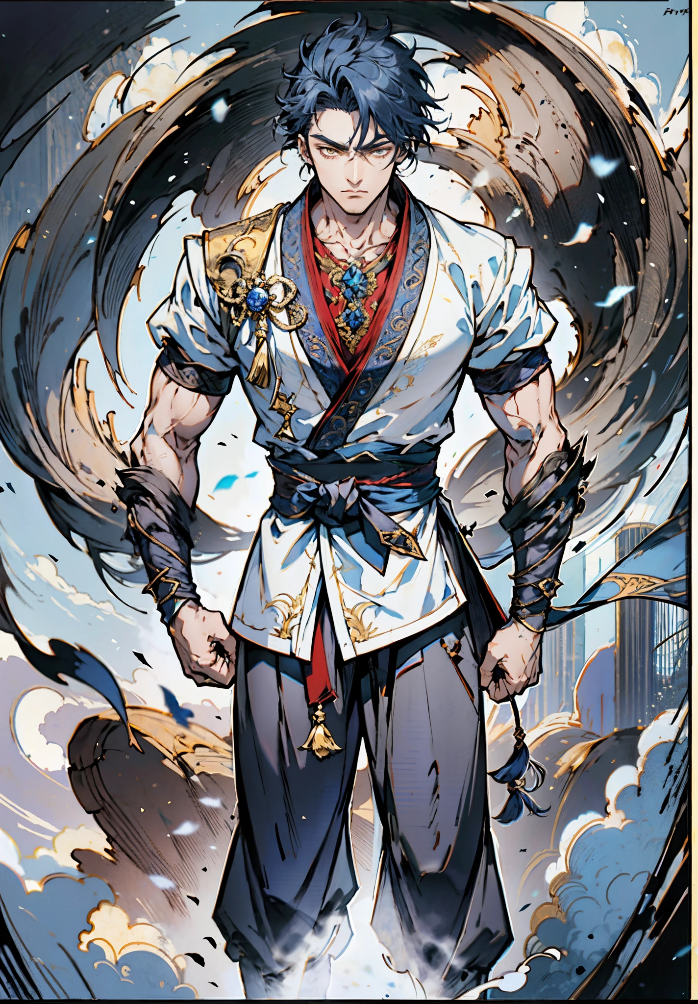 A young man, indigo blue hair, raised and fluffy short hairstyle, sharp gaze, a serious expression, a fantasy martial arts style sky-blue fabric kung fu outfit, tattered sleeves, hands wrapped with cords, a linen belt tied around the waist, coarse fabric trousers, on the cliff in the darkness of the night, this character embodies a finely crafted fantasy martial arts-style fighter in anime style, exquisite and mature manga art style, high definition, best quality, highres, ultra-detailed, ultra-fine painting, extremely delicate, professional, anatomically correct, symmetrical face, extremely detailed eyes and face, high quality eyes, creativity, RAW photo, UHD, 8k, Natural light, cinematic lighting, masterpiece-anatomy-perfect, masterpiece:1.5