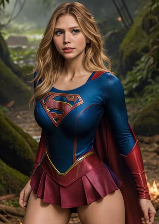 masterpiece, a full body image of the beautiful Supergirl, red and blue suit, beautiful blonde goddess woman Supergirl, with shiny boots, in fighting pose, Supergirl, in the jungle, standing next to an abandoned city