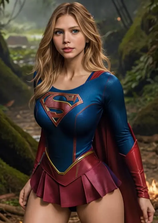 Obra maestra, una imagen de cuerpo completo de la bella Supergirl, traje rojo y azul, hermosa mujer diosa rubia Supergirl, con b...