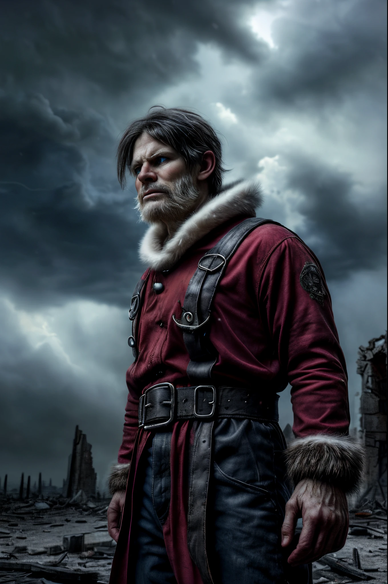 ((realistic portrait)) Santa Claus in post-apocalypse, (best quality, high resolution), (with piercing blue eyes), ((Red clothes with white fur collar and cuffs)), (dark, deserted) landscape, (surrounded by ruins and ruins) of civilization), (stands amidst the destruction), (snowflakes softly fall from the sky), (ominous clouds loom overhead), (a ray of sunlight piercing the darkness), (bright colors contrasting with the gloomy surroundings), (the sound of howling winds and distant echoes in the air), (the smell of burnt wood and ash filling the atmosphere), (a feeling of hope and resilience in his gaze), (the whole scene creates a surreal and mesmerizingly beautiful atmosphere).