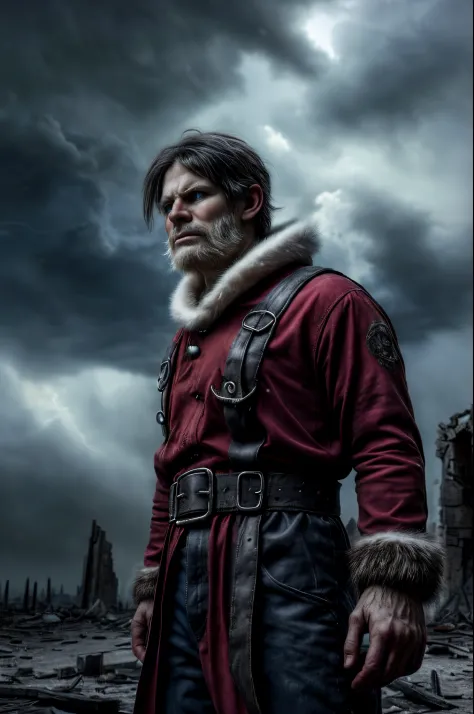 ((realistic portrait)) Santa Claus in post-apocalypse, (best quality, high resolution), (with piercing blue eyes), ((Red clothes with white fur collar and cuffs)), (dark, deserted) landscape, (surrounded by ruins and ruins) of civilization), (stands amidst...