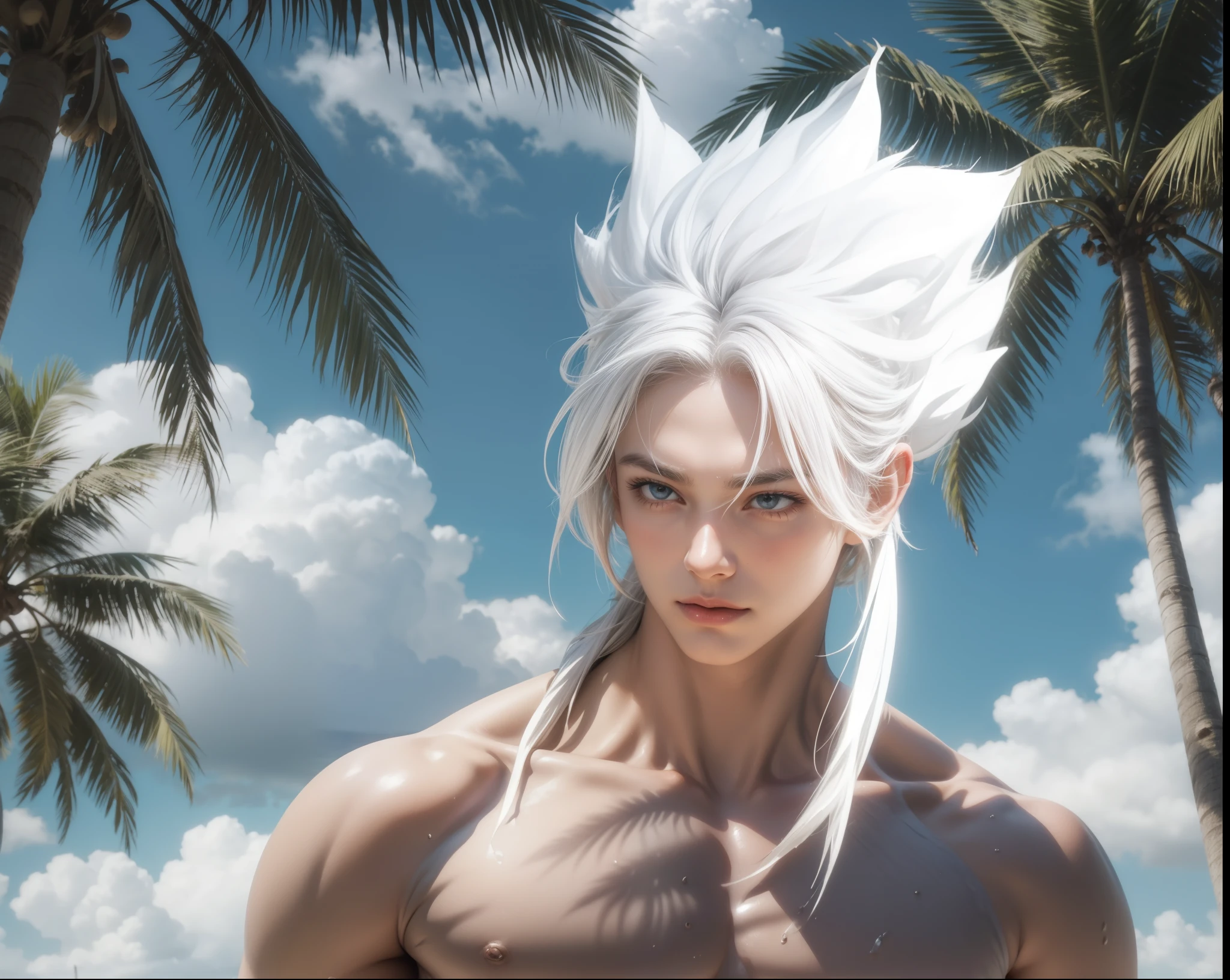 maximum resolution: 1.2), (Ultra HDTV: 1.2), 8K resolution, Eye and skin details, face details, , (Sharp focus: 1, 2), (Precise focus) facial expressions: 1,2), Boy, (White hair), (Naked), Natural skin, No hair, Perfect muscles, 8 packs, (Sweat on stomach and chest), ((( White briefs: 1.2))), Sea, Sea water, Trees, Coconut trees, White clouds, Sun
