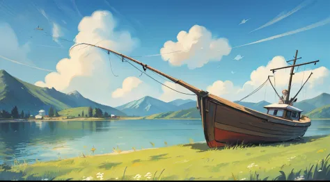 Shore，fishing boat，with blue sky and white clouds，grassy fields，at a forest，Far Mountain。