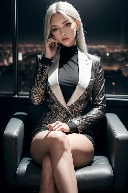 Woman in business clothes, Formal Blazer, White blouse, heels, Black High Waist Business Skirt, Black Sheer Leggings, Beautiful, masutepiece, Best Quality, extra detailed face, Perfect Lighting, nice hand, Perfect hands, (White hair:1.2), Long hair, (grey  eyes:1.2), slender build, Long legs, Thin, medium breasts, businesswoman, vd, Sitting in a luxurious black leather office chair, Glass wall with night city skyline in background