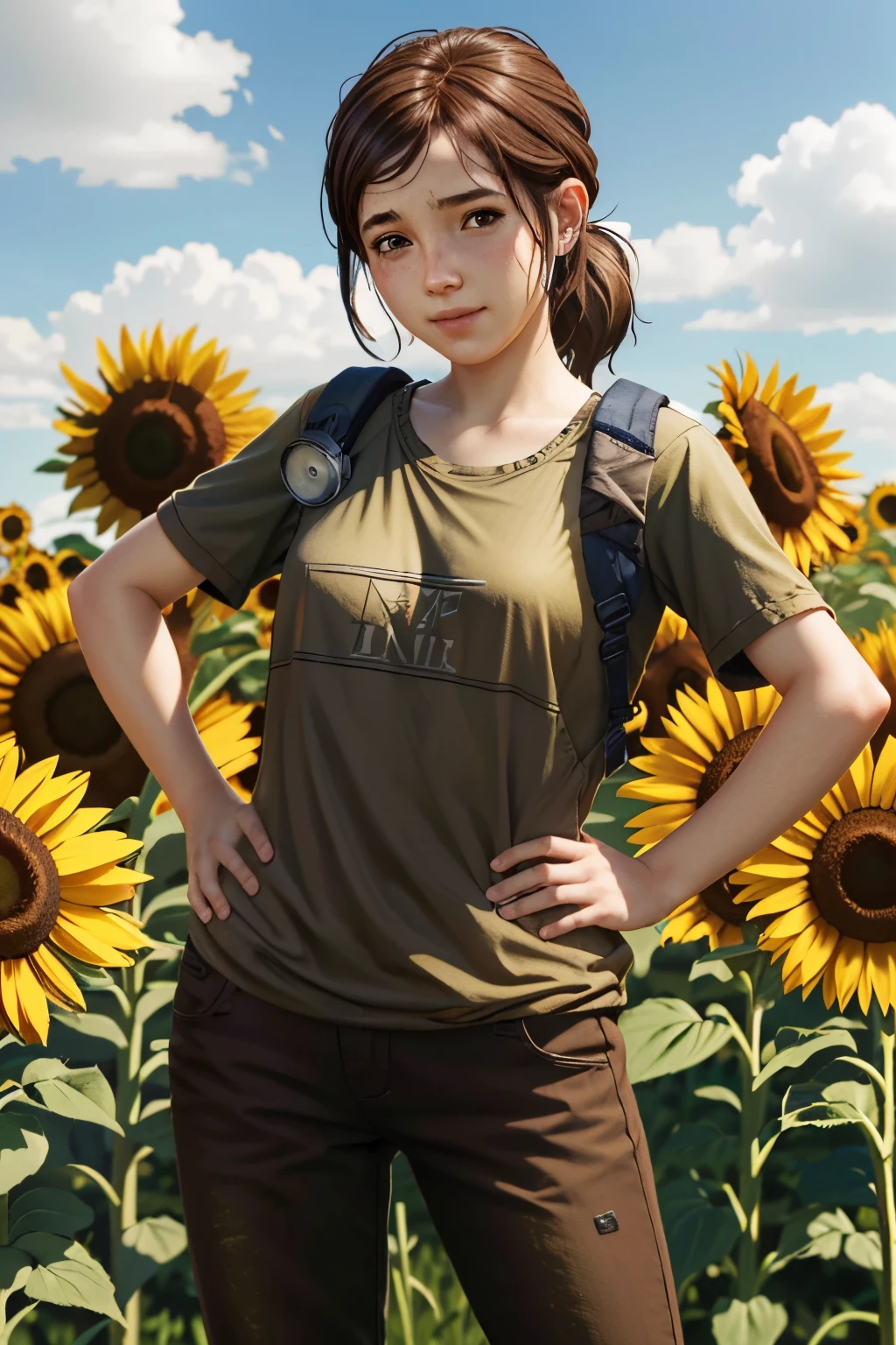 ((master part, best quality))
TLOUEllie, 1girl, sozinho, brown hair, cabelos longos, olhos verdes, surrounded by sunflowers in a bright field, sorridente, with hands on hips