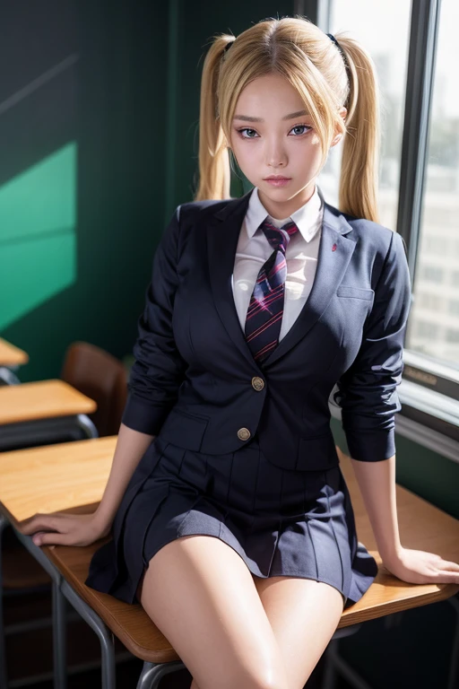 (masterpiece:1.2, best quality), 1lady, solo, school uniform, classroom, day, sit, blonde, twintails, red eyes, open collabone, darkskin, (open breasts:1.1),