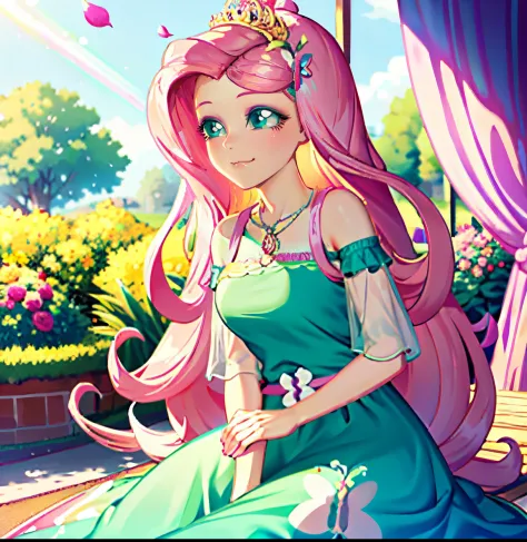 Fluttershy, fluttershy from my little pony, fluttershy in the form of a girl, lush breast, pink long wavy hair, soft smile, flow...