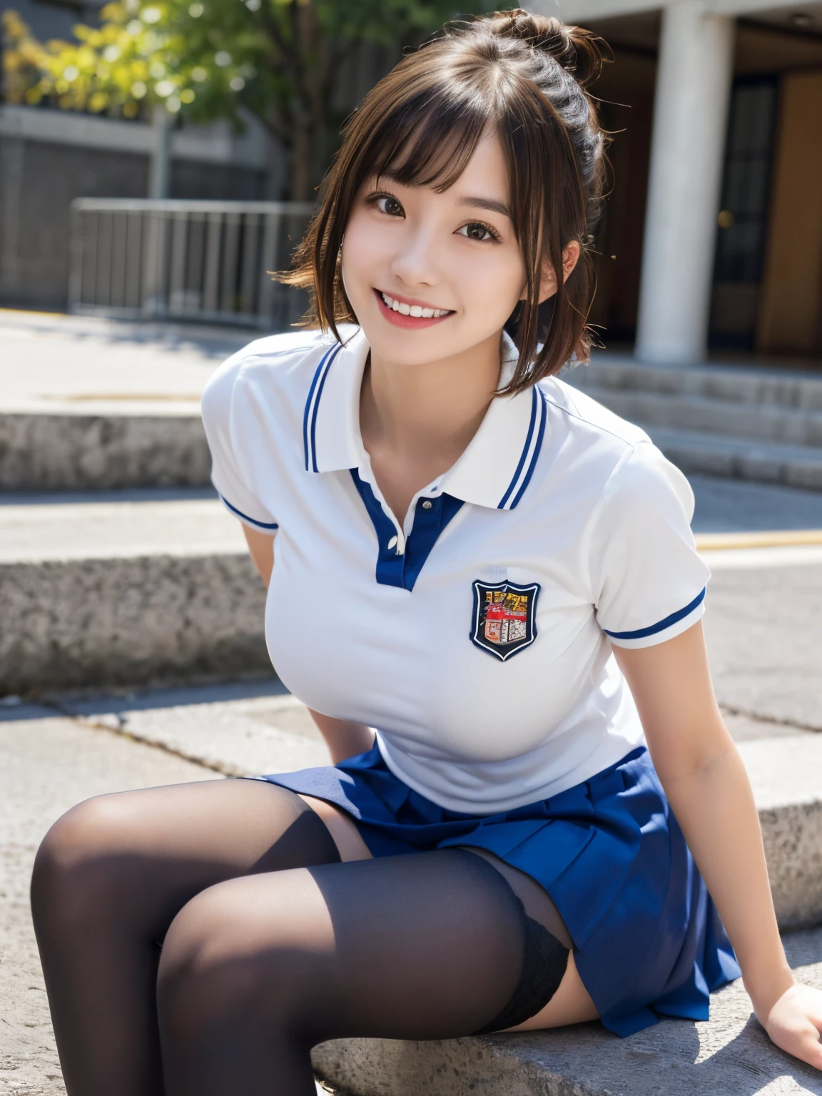 masutepiece, Best Quality, japanaese girl,1girl in, 8K, Raw photo, top-notch quality, masutepiece, nffsw:1.2, exceptionally detailed RAW color photo, professional-grade photograph, (Realistic, Photorealistic:1.37), (highly detailedskin:1.2), Ultra-high resolution, (lenz 50mm), (F/1.2),Exquisitely Detailed Eyes,Beautiful face, kawaii,(Smile:1.05),(20yr old, Large breasts, The constriction is beautiful、big breasts thin waist,Straight hair, (Short hair), Black eyes, white fine skin,small mouth, high cheekbones (Definition), Sexy Pose,(),(The to the FW:1.1),White panties、Korean Idol、Nogizaka Idol、hposing Gravure Idol、Adults、、(masutepiece, top-quality:1.3), (Ultra detailed 8K cg:1.2), (hyper realisitic:1.35), (Photorealistic:1.45), (Realistic:1.4), Cowboy Shot,22 years old, super model, Japanese Idol, __expression__, Large breasts, , (School uniform:1.4)
(Sitting on the school steps:1.1),((Black stockings))、(Short sleeve polo shirt)、(((Staring at them with a mischievous smile)))((Shot from a low position))、(Slender legs)((Sexy legs))(frombelow)(Sexy buttocks)(Legs closed)(((Show your toes to viewers)))