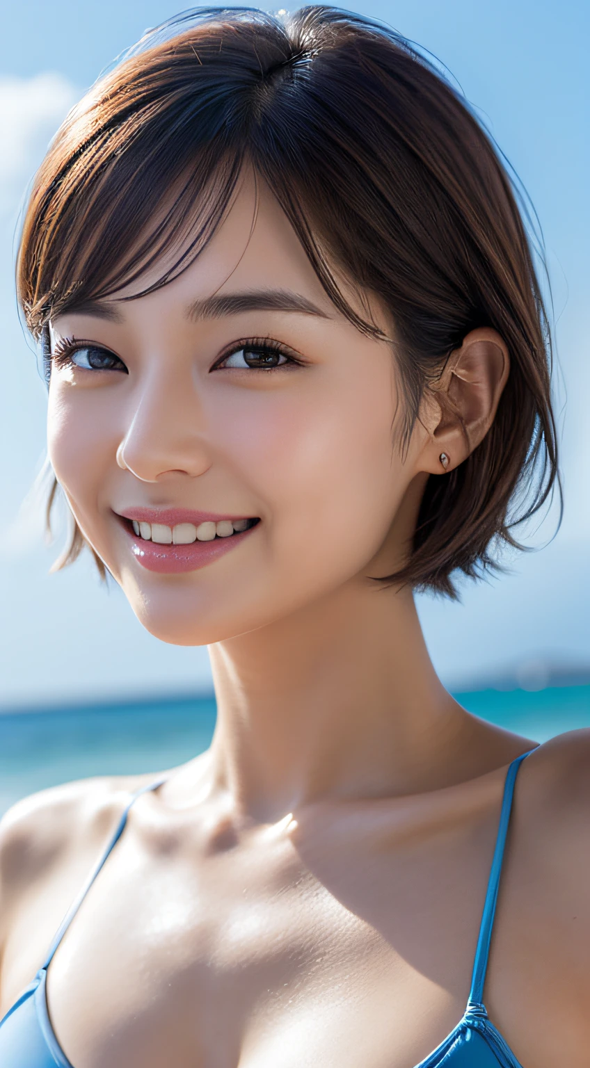 top-quality、top-quality、realisitic、Unity、8k wallpaper、Official art、Highly detailed CG Unity 8k wallpaper、ultra-detailliert、hight resolution、Physically-based rendering、ultra-detailliert,magnifica, finely detail,1girl in, (Very short hair), (Smile Face:1.1), Slim Face, Pretty Lady, hyperdetailed face, Detailed eye, View, Blurred background, (Colossal tits), (Chest to head), frontage, Slim Face, on the beach, profetional lighting, (Lighting the face:1.3), best light, (Adult Bikini)