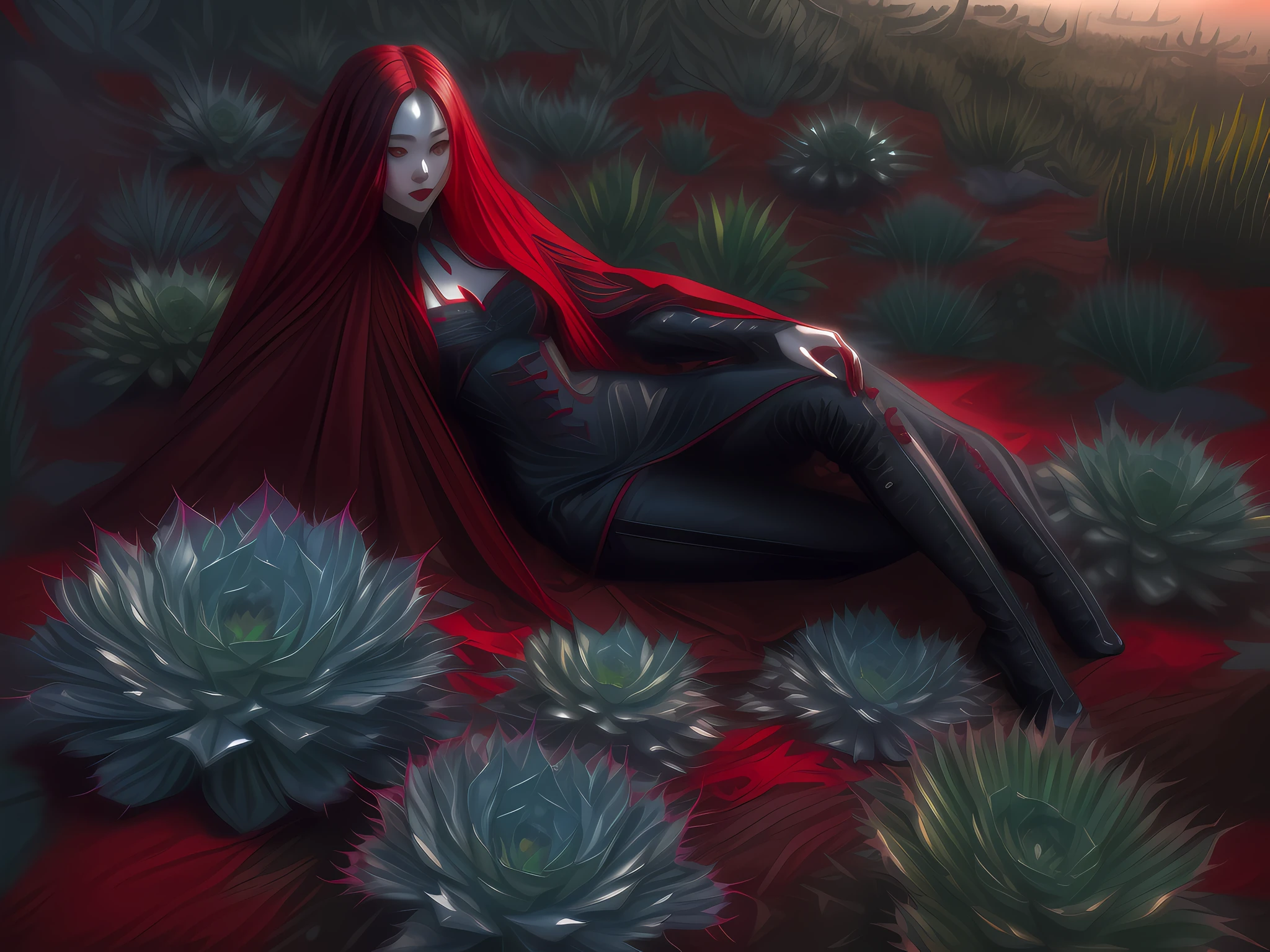 a picture of a vampire woman resting in a (black:1.2) and (red:1.2) colored succulents meadow, full body, an exquisite beautiful (ultra detailed, Masterpiece, best quality: 1.4) female vampire woman, dynamic angle (best detailed, Masterpiece, best quality), ltra detailed face (ultra detailed, Masterpiece, best quality), ultra feminine, grey skin, blond hair, wavy hair, dynamic eyes color, cold eyes, glowing eyes, intense eyes, dark red lips, [fangs], wearing white dress, elegant style dress (ultra detailed, Masterpiece, best quality), wearing blue cloak (ultra detailed, Masterpiece, best quality), long cloak, flowing cloak (ultra detailed, Masterpiece, best quality), wearing high heeled boots,, resting in (black and red colored succulents meadow: 1.6), full colored, (perfect spectrum: 1.3),( vibrant work: 1.4) vibrant shades of red, and black)  moon rising,,  high details, fantasy art, RPG art best quality, 16k, [ultra detailed], masterpiece, best quality, (ultra detailed), full body, ultra wide shot, photorealistic,