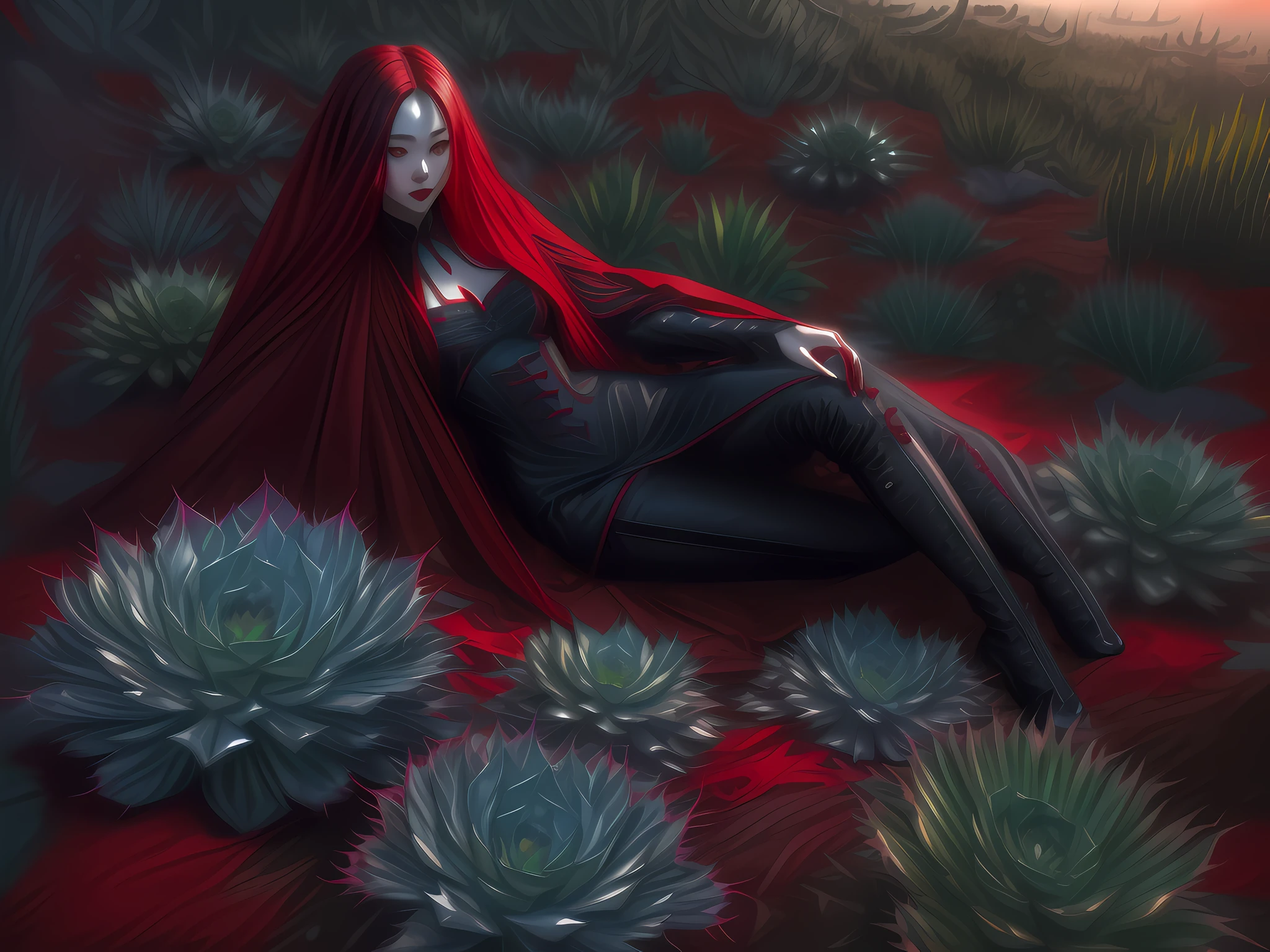 a picture of a vampire woman se reposer dans a (noir:1.2) Et (rouge:1.2) colorouge succulents meadow, tout le corps, une beauté exquise (ultra détaillé, chef-d&#39;œuvre, Meilleure qualité: 1.4) femme vampire, Angle dynamique (le mieux détaillé, chef-d&#39;œuvre, Meilleure qualité), visage ultra détaillé (ultra détaillé, chef-d&#39;œuvre, Meilleure qualité), ultra féminin, peau grise, cheveux blonds, cheveux ondulés, couleur des yeux dynamique, yeux froids, yeux brillants, yeux intenses, dark rouge lips, [crocs], porter une robe blanche, robe de style élégant (ultra détaillé, chef-d&#39;œuvre, Meilleure qualité), porter un manteau bleu (ultra détaillé, chef-d&#39;œuvre, Meilleure qualité), longue cape, manteau fluide (ultra détaillé, chef-d&#39;œuvre, Meilleure qualité), porter des bottes à talons hauts,, se reposer dans (noir Et rouge colorouge succulents meadow: 1.6), full colorouge, (spectre parfait: 1.3),( travail dynamique: 1.4) vibrant shades of rouge, Et noir)  lever de la lune,,  détails élevés, art fantastique, RPG art Meilleure qualité, 16k, [ultra détaillé], chef-d&#39;œuvre, Meilleure qualité, (ultra détaillé), tout le corps, plan ultra large, Photoréaliste,