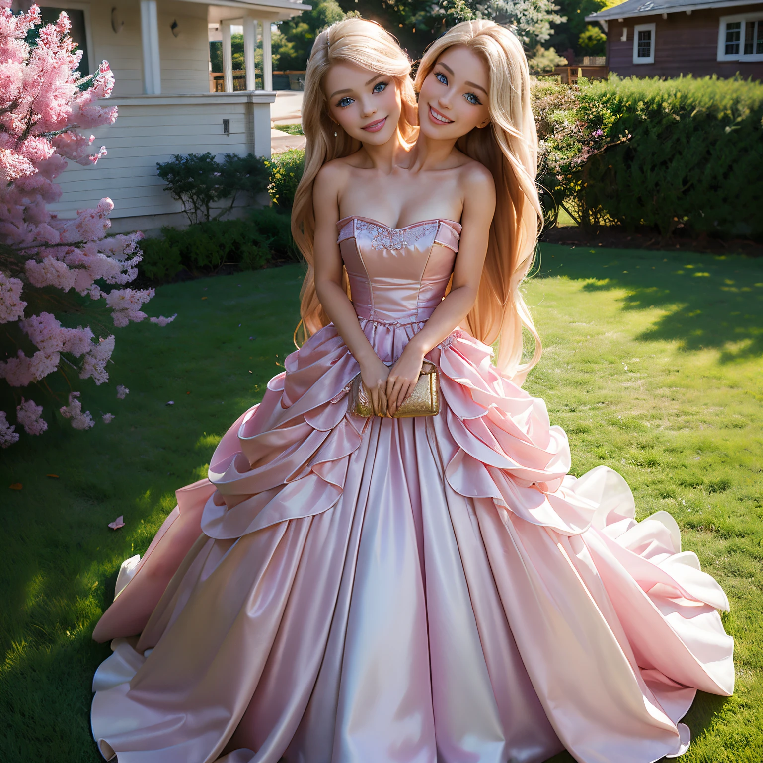 (masterpiece, best quality), best resolution, (2heads:1.5), 1girl, barbie, blond hair, long hair, different hair styles, floor length hair, blue eyes, smiling, mouth open, different facial expressions, mouth closed, pink dress, holding a handbag, front yard of pink house, suburban
