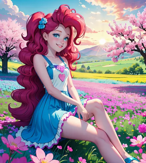 My little pony pinkie pie, pinkie pie, pinkie pie in the form of a girl, long dark pink hair, blue eyes, long pink and blue fril...